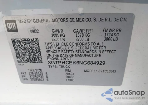 2022 GMC Sierra 1500 2Wd Short Box Elevation из США, поврежденный, VIN 3GTPHCEK6NG684929